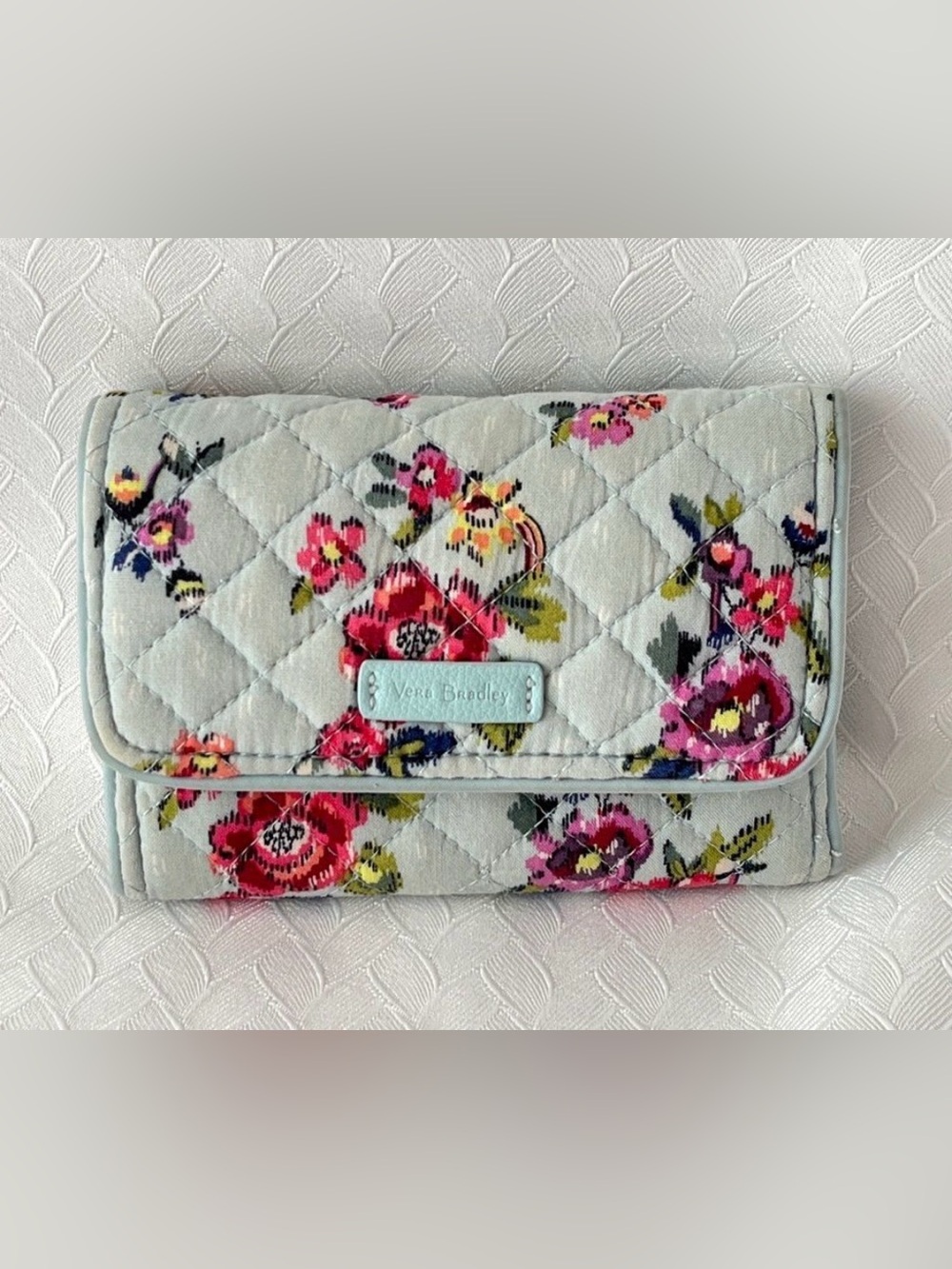 Vera Bradley Quilted Floral Wallet in Light Blue with Pink & Green Accents
